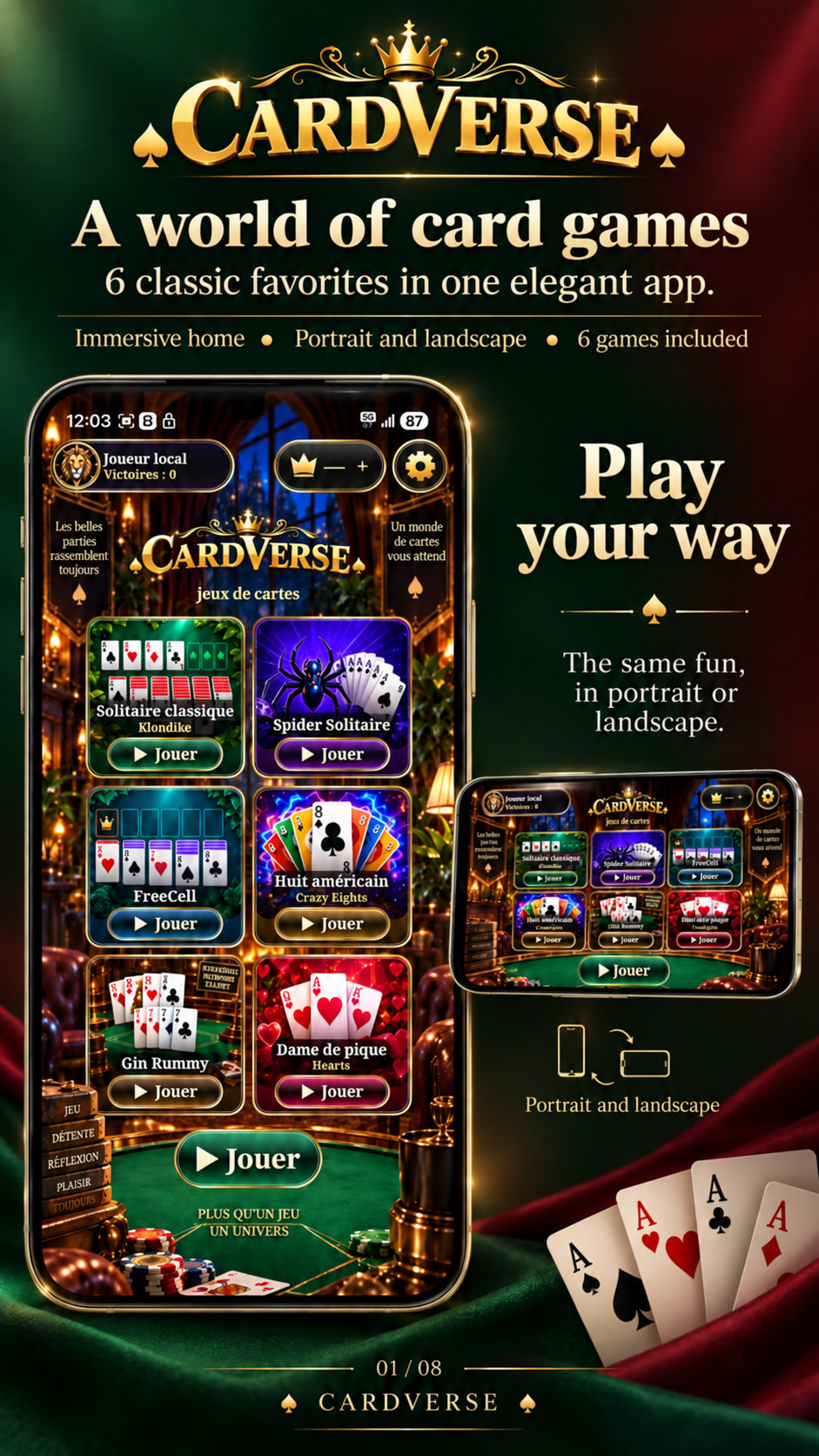 CardVerse home screen in portrait and landscape